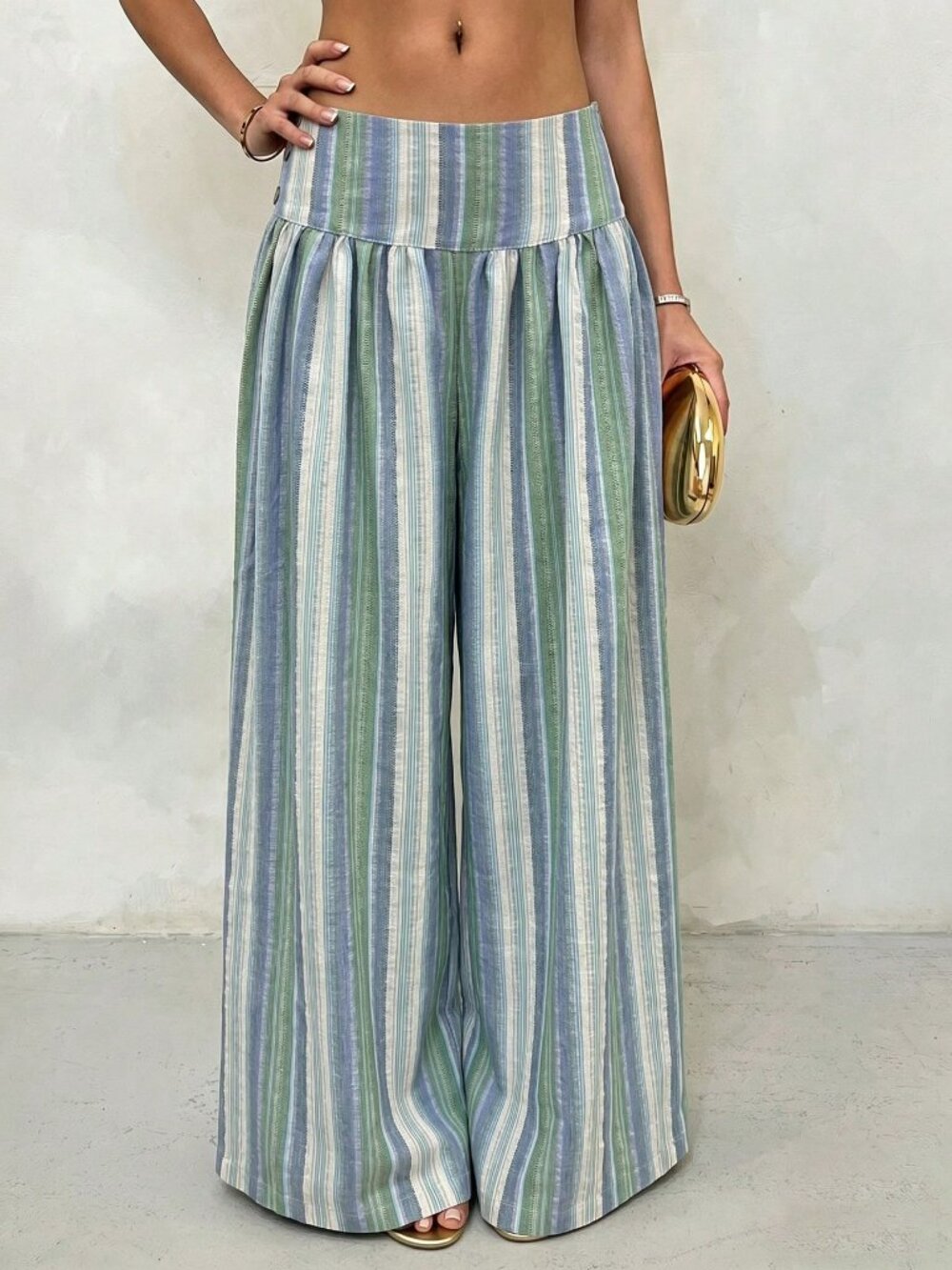 Blue Boho Women's Striped Woven Low Waist Wide Leg pants - Picture 3 of 5